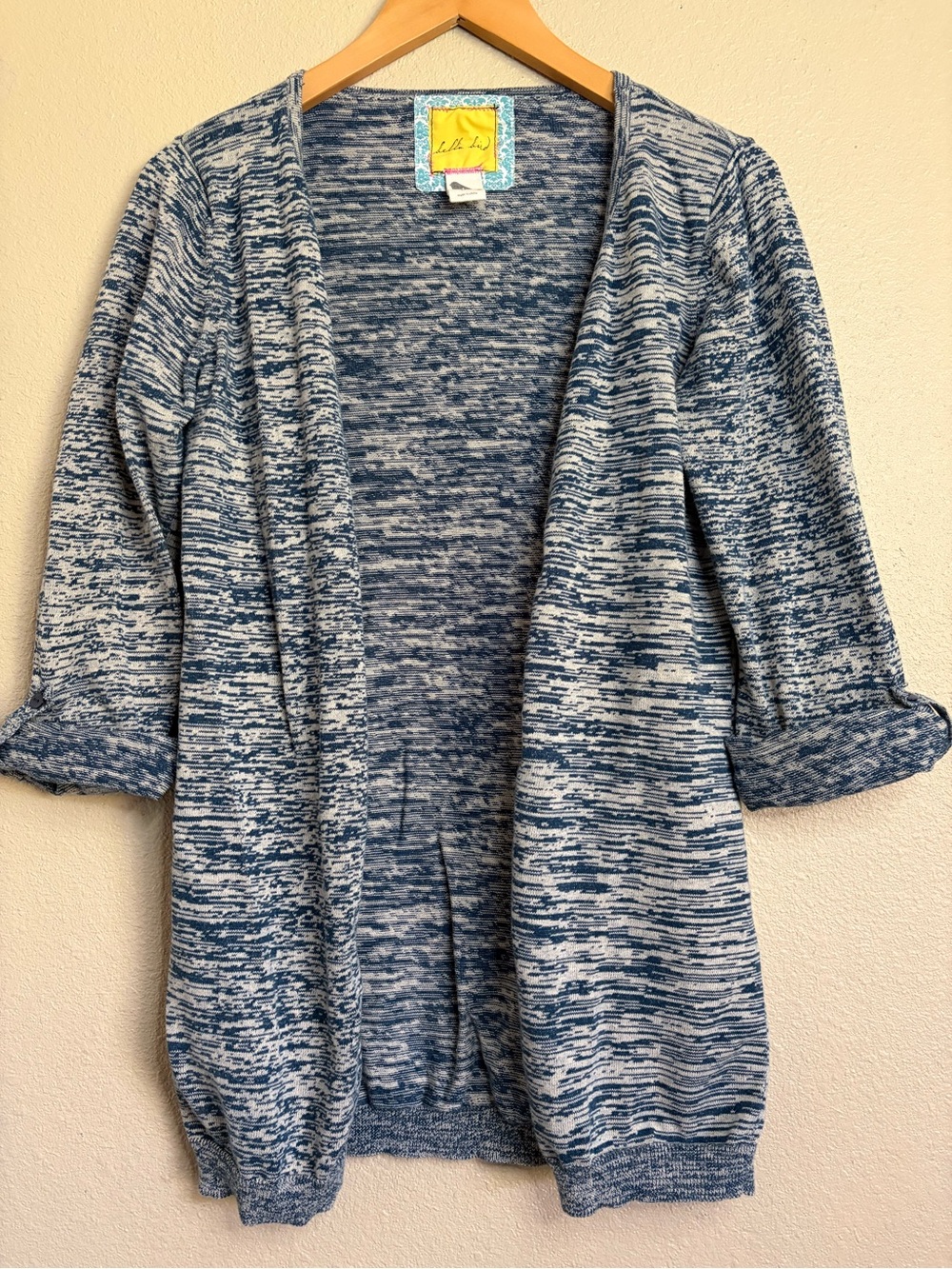 Bella Bird Sz L Sweater Top Teal Gray Button Front Knit V-Neck Long Tunic